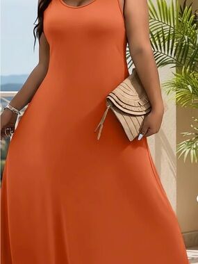 Women's Sleeveless Orange Maxi Dress - Classic Solid Slip Style